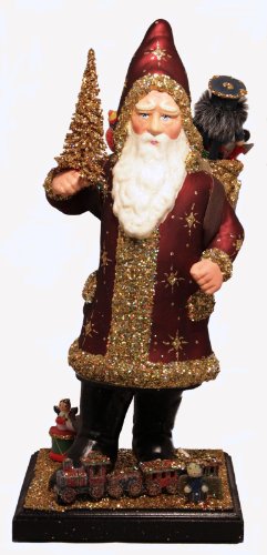 Ino Schaller Burgundy Santa with Gold Glitter Basket Paper Mache Candy Container Ino Schaller Burgundy Santa with Gold Glitter Basket Paper Mache Candy Container