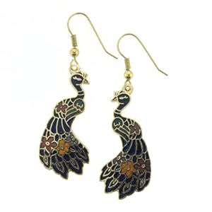 Gold Plated Peacock Cloisonne Earrings - 38x17mm, Blue