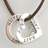 Heart Shaped Live, Love, Laugh & Round Faith, Hope, Love Sterling Silver Affirmation Band Pendant Necklace on Brown Satin Cord, #9797