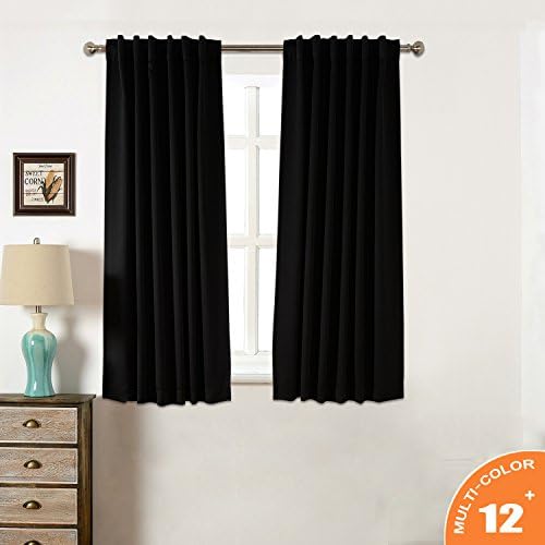 AMAZLINEN Sleep Well Blackout Curtains Toxic Free Energy Smart Thermal Insulated,52 W X 63 L Inch,Back Tab/Rod Pocket,Set Of 2 Panels With Bonus Tie Back,13 Stylish Colors(Black)