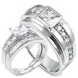 His & Hers unisex 3 Pieces, 925 STERLING SILVER & STAINLESS STEEL Engagement Wedding Ring Set, AVAILABLE SIZES men's or unisex 5,6,7,8,9,10,11,12; women's set: 5,6,7,8,9.