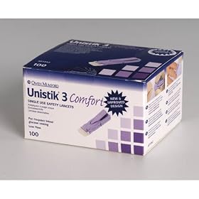 Click here to buy Owen Mumford Unistik 3 Lancets Dual 18g 1.8mm Blue - Model AT1062 - Box of 100 by Owen Mumford.