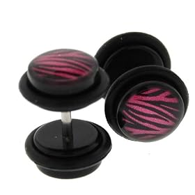 Fake Acrylic Plugs - Black with Pink Zebra Design 16g Wire; 8mm - Sold as a Pair