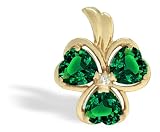 14K Yellow Gold Heart Created Emerald and Diamond Irish Shamrock Pendant