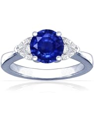 18K White Gold Round Cut Blue Sapphire Three Stone Ring