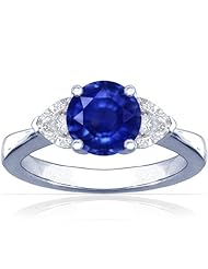 14K White Gold Round Cut Blue Sapphire Three Stone Ring