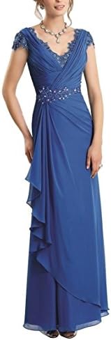 CROSEN Women's Chiffon Cap Sleeve V-Neck Mother of the Bride Dress Dark blue 10