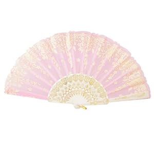 Amico Pink Fabric Asia Style White Flower Painting Folding Hand Fan for Ladies