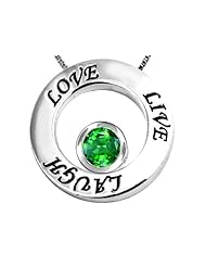 Original Star K (tm) Live/Love/Laugh Circle of Life Pendant with May Birthstone Round 7mm Simulated Emerald in .925 Sterling Silver