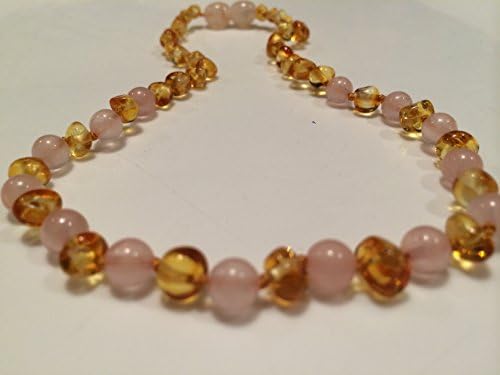 Carpal Tunnel, Arthritis Adult 17.5 Inch Necklace Rose Quartz Lemon Baltic Amber Polished Round Baroque Teething Necklace for Babies (Unisex) - Anti Flammatory, Swelling, back ache, head ache, Pain Reduce Properties - Certificate of Authenticity Natural Oval Baltic Jewelry with the Highest Quality Guaranteed. Easy to Fastens with a Twist-in Screw Clasp Fever Soothing Calming Acid Reflux