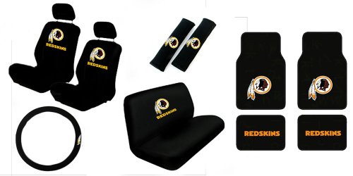 15 Piece NFL Auto Interior Gift Set - Washington Redskins - A Set of 2 Seat Covers, 1 Rear Bench Cover, 1 Steering Wheel, A Set of 2 Seat Belt Pads, and A Set of 4 Plush Carpet Floor Mats