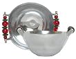 Aluminum Large Round Bowl with Green and Red Glass Bead Handles 9 1/4"D 4 1/4"H