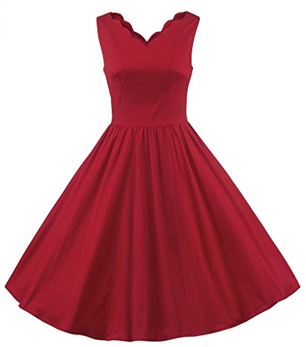 アイキーパー（Eyekepper） ワンピース ロカビリー スイングドレス 全4色 無地 Vネック スカラップ ノースリーブ フレアー ミモレ丈 50、60年代風 結婚式 パーティー カジュアル デート カクテルドレス レディース