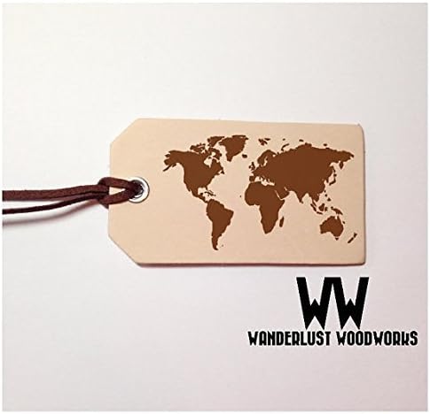 World Map Leather Luggage Tag - Made From Veg Tanned Leather - Christmas Gift Explorer Traveler Frequent Flyer Adventurer Globetrotter