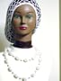 Sn104, Hand Crocheted White Gimp Large Snood for Women in Combination with Large White Pearl Two Strand Choker Necklace and Earrings