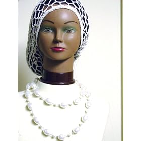 Sn104, Hand Crocheted White Gimp Large Snood for Women in Combination with Large White Pearl Two...