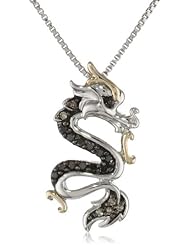 XPY Sterling Silver and 14k Yellow Gold Black and Champagne Diamond Dragon Pendant Necklace (0.14 cttw), 18"