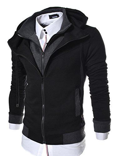 TheLees (LCJ6) Mens Casual Slim Fit Double Zipper Hood Cotton Jacket Black US XS(Tag size M)