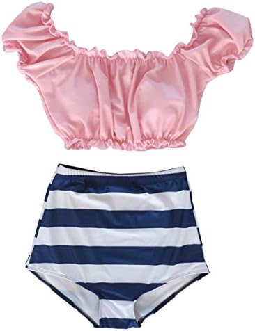Women's Crop Off Shoulder High Waist Cute Swimsuit Swimwear Bikini Pink