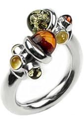 Multicolor Amber and Sterling Silver Adjustable Designer Ring, Sizes 5,6,7,8,9,10,11,12