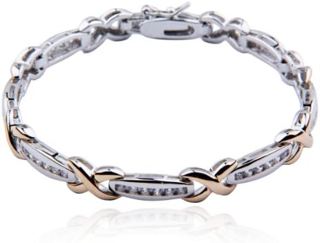 18k Yellow Gold Plated 2-tone .925 Sterling Silver Cubic Zirconia X Link Bracelet