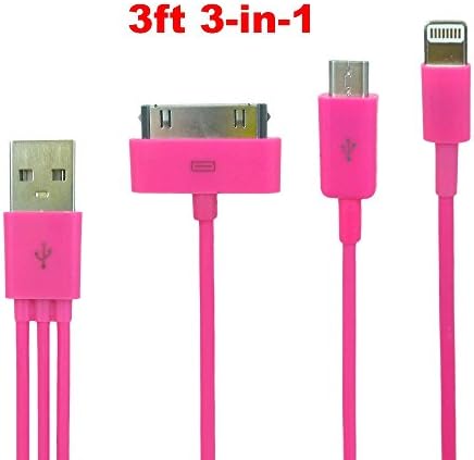 Madsave 3 in 1 3ft/1m Multi USB Adapter Charging Cable Connector - Apple Lightning 8pin, 30pin, and Micro USB (Hot Pink)