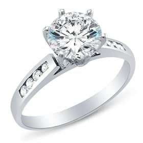 Size 4 - Solid 14k White Gold Classic Traditional Round Brilliant Cut Solitaire with Side Stones Highest Quality CZ Cubic Zirconia Engagement Ring 1.25ct.