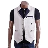 DOUBLJU Mens Casual Sleeveless Semi Rider Belted Vest Jacket(VJ02)-BEIGE-Asian-L