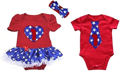 1st Heart & Tie Blue Star Twins Bodysuit 3-6M White