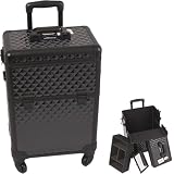 ALL BLACK INTERCHANGEABLE 4-WHEELS DIAMOND PATTERN PROFESSIONAL ROLLING ALUMINUM COSMETIC MAKEUP CASE WITH REMOVABLE TRAY AND DIVIDERS - E6301