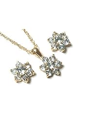 Peninsula Jewellery 9Ct Gold Blue Topaz Cluster Pendant With Chain And Earrings