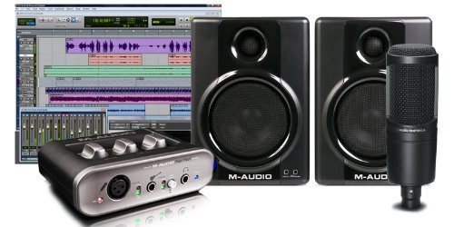 M-Audio Recording Studio Package Fasttrack Pro Tools Essential AV40 Monitors Audio Technica Microphone