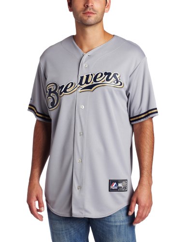 MLB Men's Milwaukee Brewers Prince Fielder Road Gray Short Sleeve 6 Button Synthetic Replica Baseball Jersey Spring 2012  (Road Gray, Small)