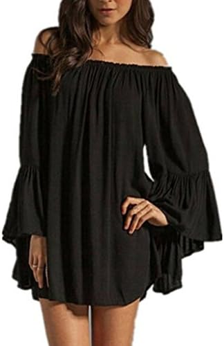 Gasion Women's Sexy Off Shoulder Chiffon Boho Solid Ruffle Sleeve Blouse Mini Dress Black Asian L