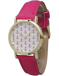 Womens Geneva Multi Anchor Design Gold Trim Leather Watch - Hot Pink
