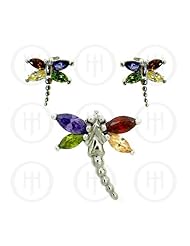 Sterling Silver -Dragon Fly Earrings Pendant Set Multi (PS-1023-M)