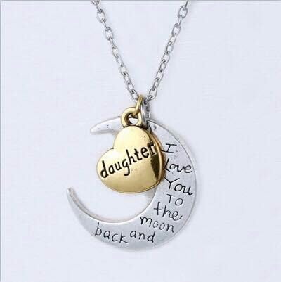 Gift for Daughter - Two Toned Half Moon and Heart "Daughter I Love You to the Moon and Back" Pendant Necklace, 18"