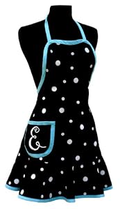Black & White Polka Dot Monogram Apron with Glacier Blue Trim - E