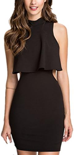 Forinie Women's Ruffles Overlay Top Cutout Backless Mini Dress M Black