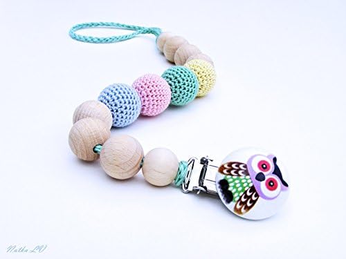 Pacifier clip, dummy chain, crochet pacifier holder, pastel rainbow crochet beads, natural teething toy, toy holder, natural, gift for baby, shower gift, owl pacifier clip