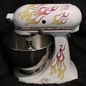 ClassicMix Double Decal Flame Kit red, orange, and yellow with blue trim, designed to fit all KitchenAid stand mixers, including white Classic, Artisan, and Professional 600, without accessory interference. ELIGIBLE FOR FREE SUPER SAVER SHIPPING ON ORDERS OVER $25
