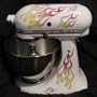 ClassicMix Double Decal Flame Kit red, orange, and yellow with blue trim, designed to fit all KitchenAid stand mixers, including white Classic, Artisan, and Professional 600, without accessory interference.