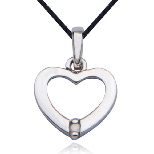 Platinum Plated Sterling Silver Genuine Diamond Accent Heart Pendant on Black Thread, 18"
