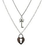 Necklace - N195 - Key and Heart Lock - Rhodium Plated ~ Silver Tone