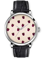 SPRAWL Aanalog Fashion Series Silver Ladies Watches of Genuine Black Leather Strap,Unique Wrist Watch for Women Girls Designed with Fall of blueberries