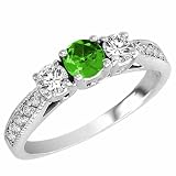 10K Gold Round 3 Stone Diamond and Peridot Ring With Milgrain Pave Set Shank (0.95 ctw)