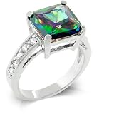 14k Whitegold Rhodium Bonded Anniversary Style Ring with Princess Mystic Color Solitaire and Chanel Set White CZs Embellishing the Band - Size: 5-10