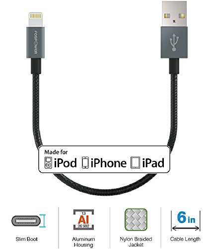 FosPower [Apple MFi Certified] Braided 8 Pin Lightning to USB Cable with Aluminum Connector for iPhone 6S, 6 Plus / iPad Pro / Air 2, mini 3 / iPod Touch 5th Gen, iPod Nano 7th Gen & More (6 in) Grey