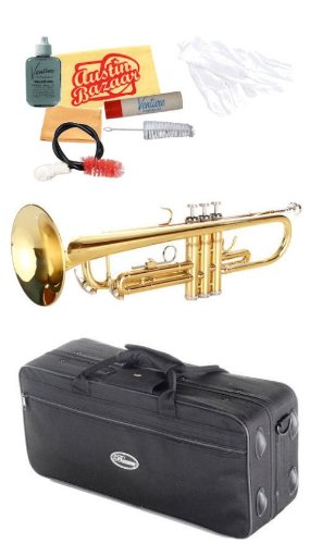 Barcelona CS-1000 Concert Series Trumpet Bundle with Care Kit, Hard Shell Case, and White Gloves - Gold Lacquer