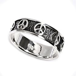 Peace Sign Ring with Black Background, Sterling Silver, 6mm width Sizes: 5-9